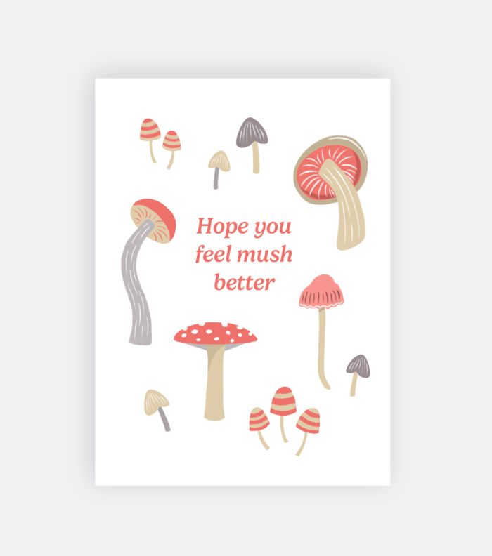 greeting card with mushrooms and a mushroom pun written on the front