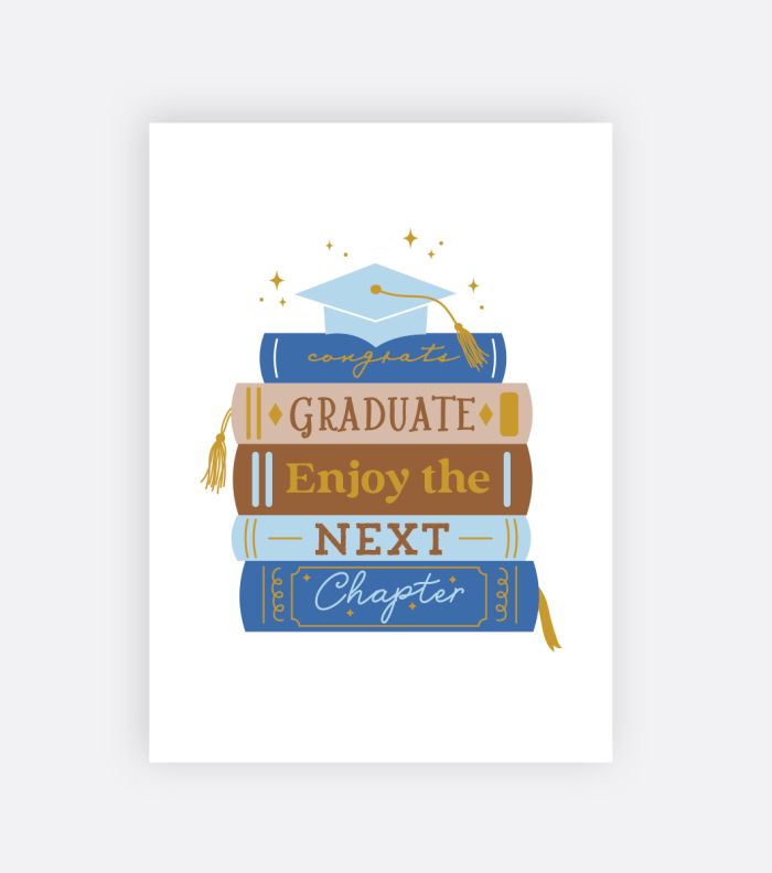 greeting card featuring stack of books with a graduation cap