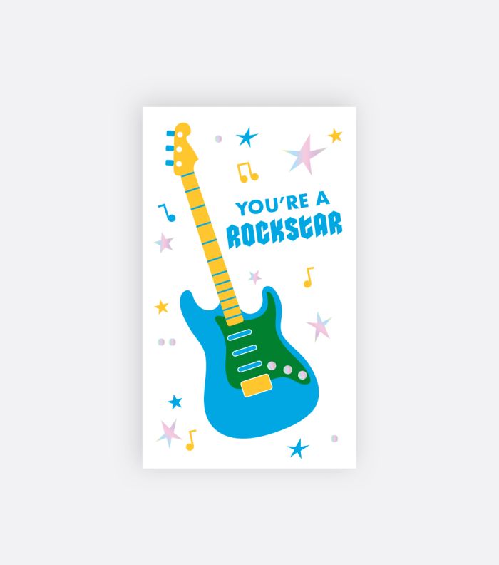 greeting card with electric guitar and music notes and a sentiment that reads "you're a rockstar"