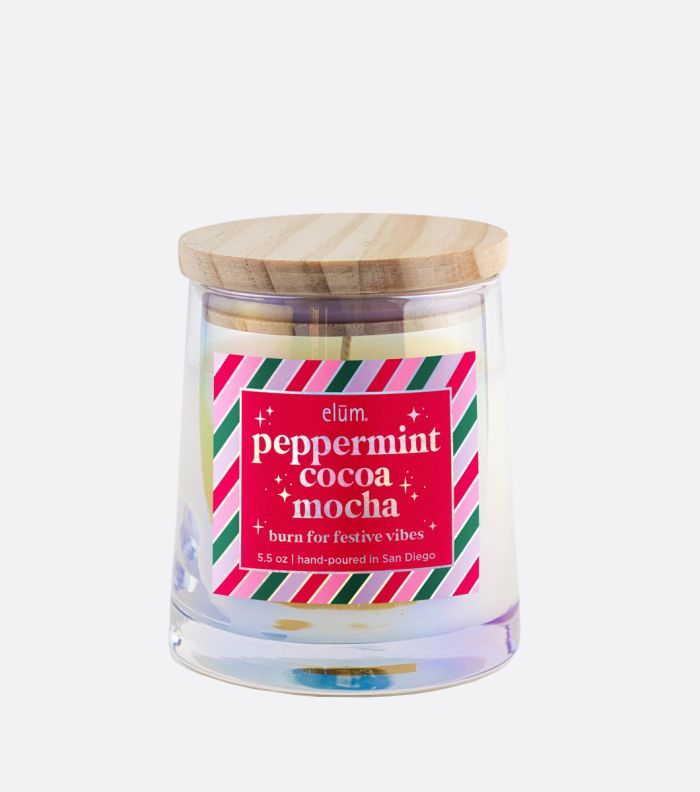 5.5 oz Festive Peppermint Vibes Iridescent Glass Candle with Wood Lid 