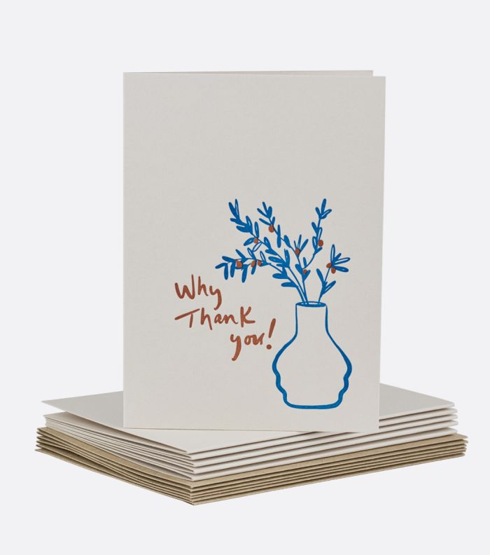 stack of Pottery thanks letterpress boxed notes with one on top. card features potted plant and message saying "why thank you"